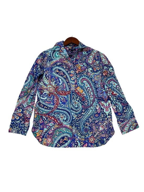 Lands' End Tops - Lands' End Women's 2 Supima Cotton Paisley Pullover Henley Shirt C0790